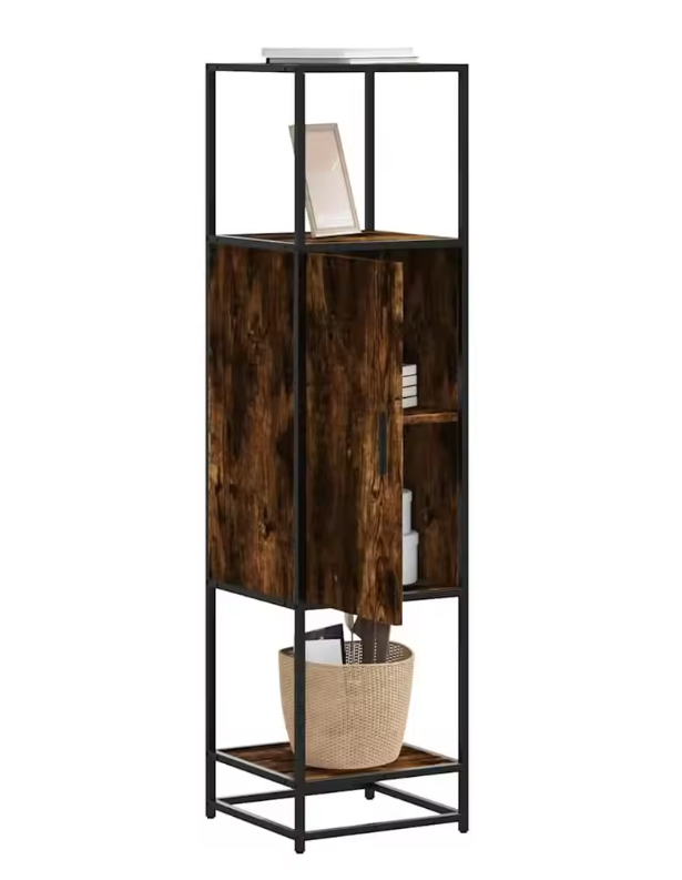 Hoog Smal Opbergkastje – Gerookt Eiken en Metalen Frame, Modern Highboard