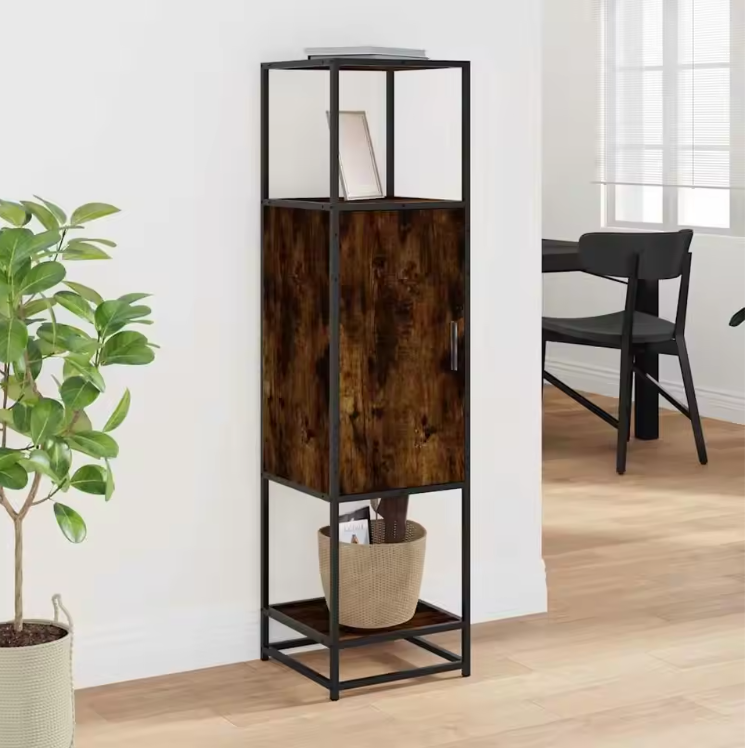 Hoog Smal Opbergkastje – Gerookt Eiken en Metalen Frame, Modern Highboard