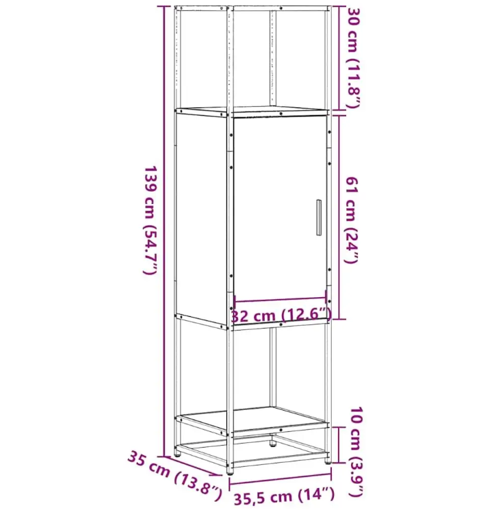 Hoog Smal Opbergkastje – Gerookt Eiken en Metalen Frame, Modern Highboard