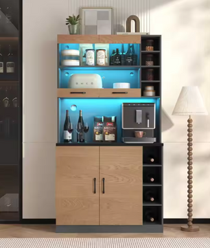 Keuken Highboard met LED-Verlichting – 100×47×187 cm, Houten Buffetkast met Kabelbeheer