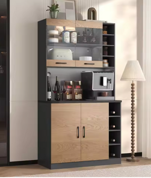 Keuken Highboard met LED-Verlichting – 100×47×187 cm, Houten Buffetkast met Kabelbeheer