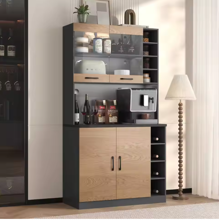 Keuken Highboard met LED-Verlichting – 100×47×187 cm, Houten Buffetkast met Kabelbeheer