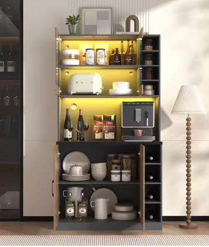 Keuken Highboard met LED-Verlichting – 100×47×187 cm, Houten Buffetkast met Kabelbeheer