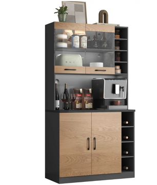 Keuken Highboard met LED-Verlichting – 100×47×187 cm, Houten Buffetkast met Kabelbeheer