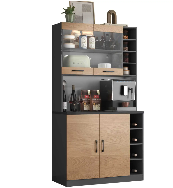 Keuken Highboard met LED-Verlichting – 100×47×187 cm, Houten Buffetkast met Kabelbeheer
