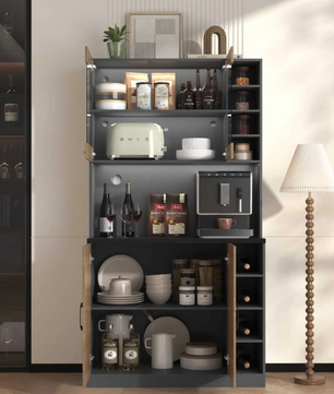 Keuken Highboard met LED-Verlichting – 100×47×187 cm, Houten Buffetkast met Kabelbeheer