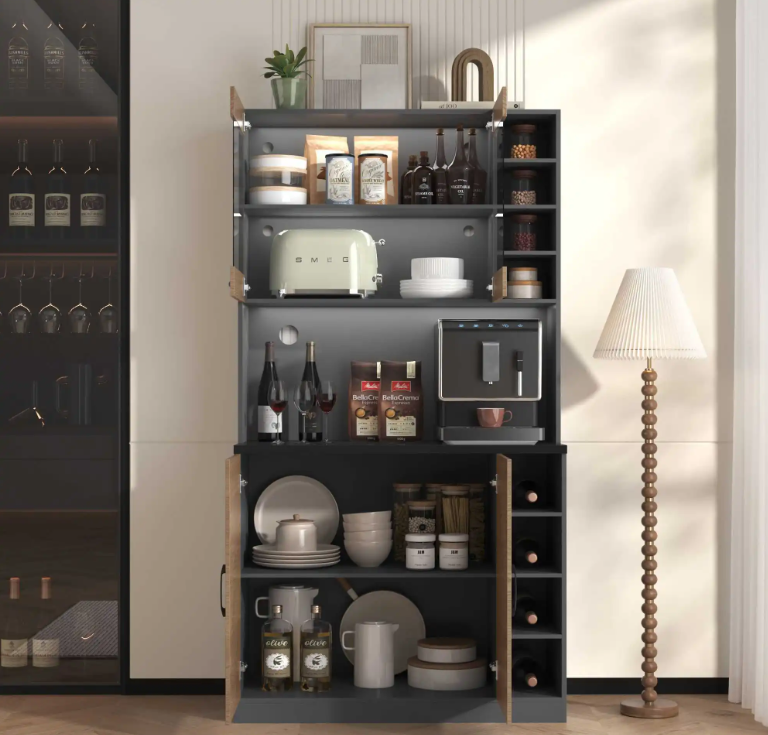 Keuken Highboard met LED-Verlichting – 100×47×187 cm, Houten Buffetkast met Kabelbeheer