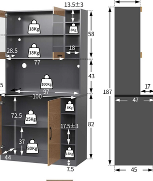Keuken Highboard met LED-Verlichting – 100×47×187 cm, Houten Buffetkast met Kabelbeheer