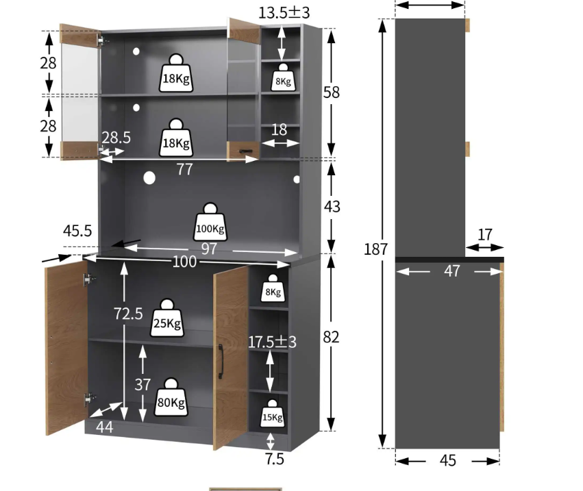 Keuken Highboard met LED-Verlichting – 100×47×187 cm, Houten Buffetkast met Kabelbeheer
