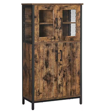 Industriële Keukenkast met Glasdeuren – 60×30×108 cm, Houten Highboard met Stalen Frame