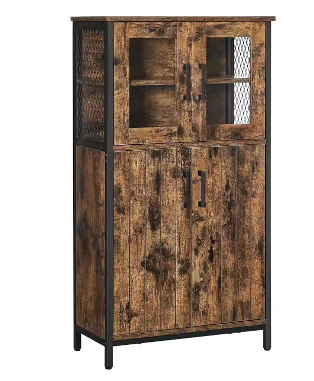 Industriële Keukenkast met Glasdeuren – 60×30×108 cm, Houten Highboard met Stalen Frame