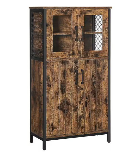 Industriële Keukenkast met Glasdeuren – 60×30×108 cm, Houten Highboard met Stalen Frame