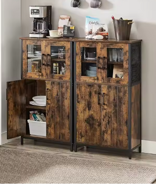 Industriële Keukenkast met Glasdeuren – 60×30×108 cm, Houten Highboard met Stalen Frame