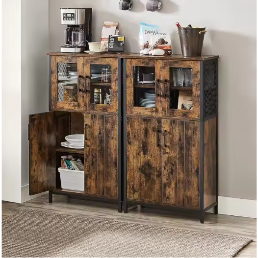 Industriële Keukenkast met Glasdeuren – 60×30×108 cm, Houten Highboard met Stalen Frame