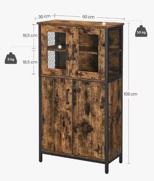 Industriële Keukenkast met Glasdeuren – 60×30×108 cm, Houten Highboard met Stalen Frame