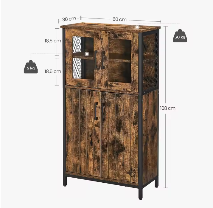 Industriële Keukenkast met Glasdeuren – 60×30×108 cm, Houten Highboard met Stalen Frame
