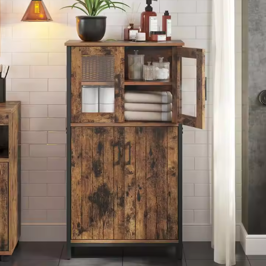 Industriële Keukenkast met Glasdeuren – 60×30×108 cm, Houten Highboard met Stalen Frame