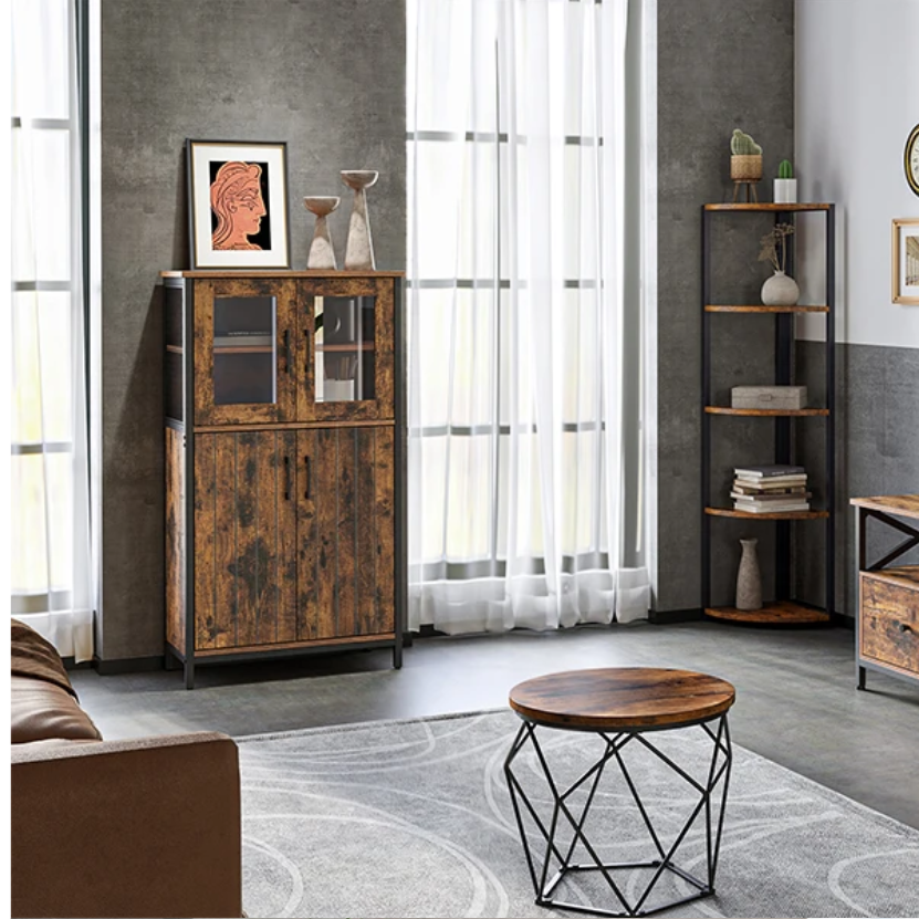 Industriële Keukenkast met Glasdeuren – 60×30×108 cm, Houten Highboard met Stalen Frame