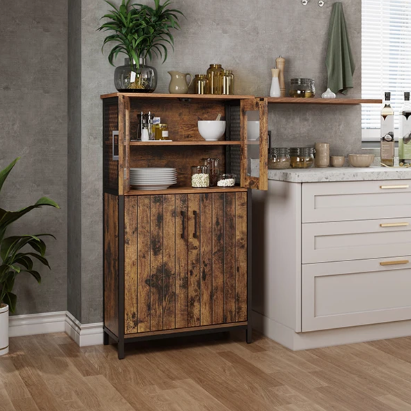 Industriële Keukenkast met Glasdeuren – 60×30×108 cm, Houten Highboard met Stalen Frame