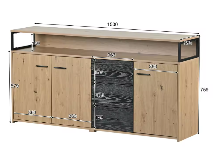 Buffetkast met 3 Deuren en 3 Lades – 150×35×75,9 cm, Moderne Opbergkast voor Woonkamer en Keuken