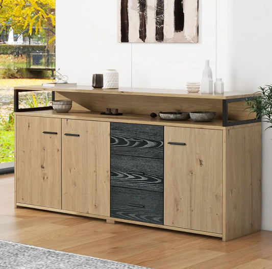 Buffetkast met 3 Deuren en 3 Lades – 150×35×75,9 cm, Moderne Opbergkast voor Woonkamer en Keuken