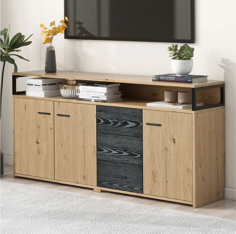 Buffetkast met 3 Deuren en 3 Lades – 150×35×75,9 cm, Moderne Opbergkast voor Woonkamer en Keuken