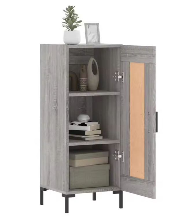 Modern Grijs Dressoir – Smal Sideboard met Metalen Poten, 34.5×34×90 cm