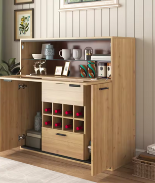 Wijnkast en Opbergkast – Natuurlijk Houten Buffet met LED-Verlichting, 110×38×111 cm