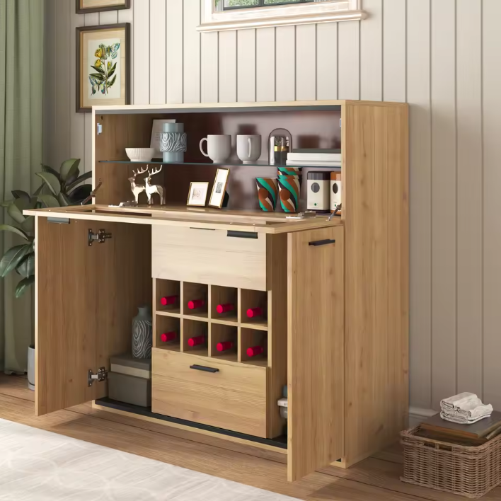 Wijnkast en Opbergkast – Natuurlijk Houten Buffet met LED-Verlichting, 110×38×111 cm