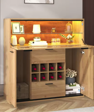 Wijnkast en Opbergkast – Natuurlijk Houten Buffet met LED-Verlichting, 110×38×111 cm