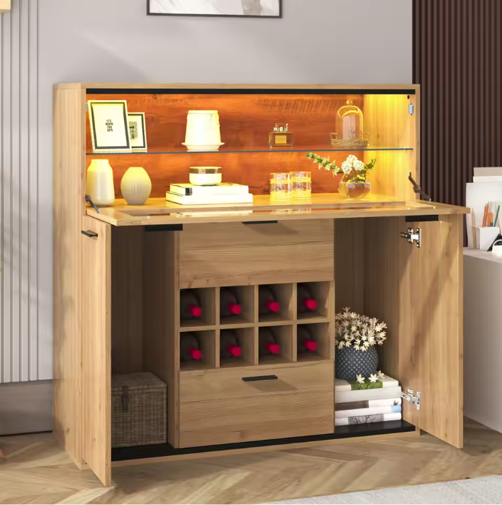 Wijnkast en Opbergkast – Natuurlijk Houten Buffet met LED-Verlichting, 110×38×111 cm