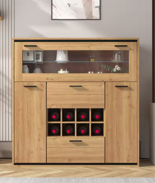 Wijnkast en Opbergkast – Natuurlijk Houten Buffet met LED-Verlichting, 110×38×111 cm