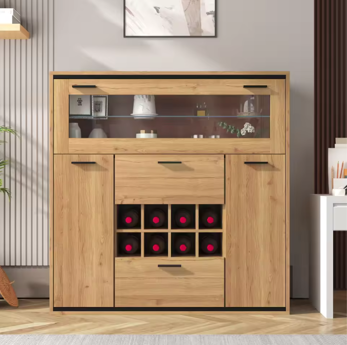 Wijnkast en Opbergkast – Natuurlijk Houten Buffet met LED-Verlichting, 110×38×111 cm
