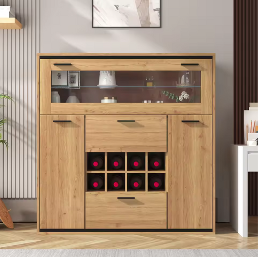 Wijnkast en Opbergkast – Natuurlijk Houten Buffet met LED-Verlichting, 110×38×111 cm