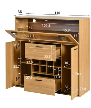 Wijnkast en Opbergkast – Natuurlijk Houten Buffet met LED-Verlichting, 110×38×111 cm