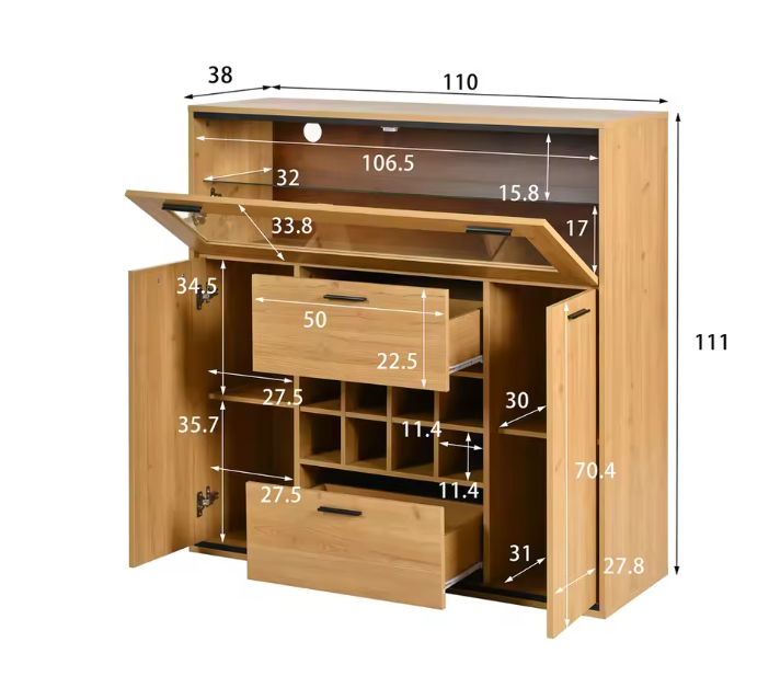 Wijnkast en Opbergkast – Natuurlijk Houten Buffet met LED-Verlichting, 110×38×111 cm