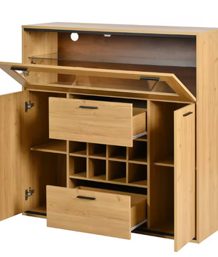 Wijnkast en Opbergkast – Natuurlijk Houten Buffet met LED-Verlichting, 110×38×111 cm