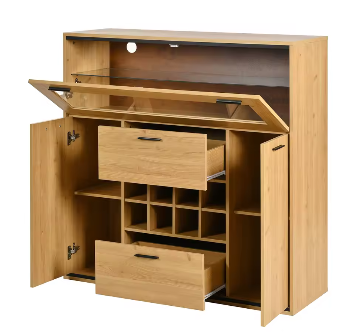 Wijnkast en Opbergkast – Natuurlijk Houten Buffet met LED-Verlichting, 110×38×111 cm