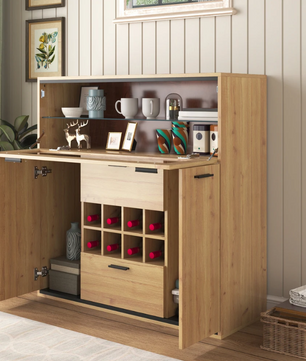 Wijnkast en Opbergkast – Natuurlijk Houten Buffet met LED-Verlichting, 110×38×111 cm