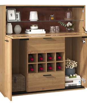 Wijnkast en Opbergkast – Natuurlijk Houten Buffet met LED-Verlichting, 110×38×111 cm