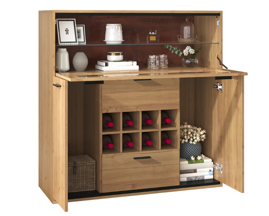 Wijnkast en Opbergkast – Natuurlijk Houten Buffet met LED-Verlichting, 110×38×111 cm