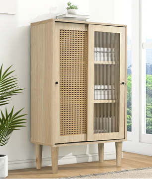 Modern Eiken Sideboard – Kast met Schuifdeuren en 6 Vakken, 60×40×100 cm