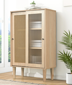 Modern Eiken Sideboard – Kast met Schuifdeuren en 6 Vakken, 60×40×100 cm