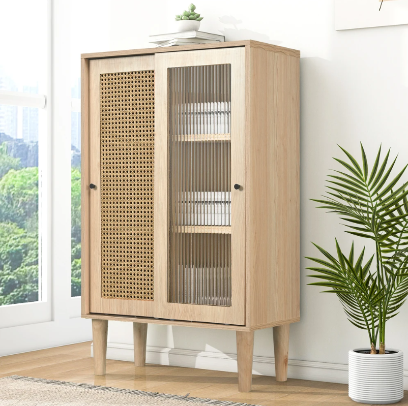 Modern Eiken Sideboard – Kast met Schuifdeuren en 6 Vakken, 60×40×100 cm