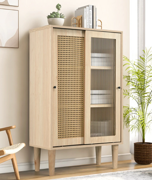 Modern Eiken Sideboard – Kast met Schuifdeuren en 6 Vakken, 60×40×100 cm