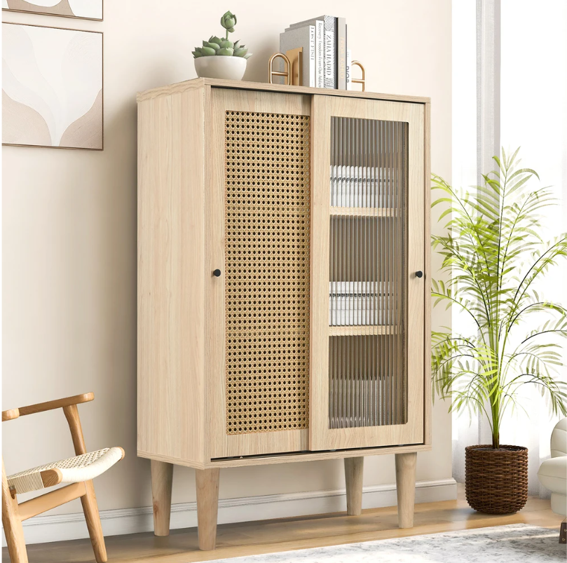Modern Eiken Sideboard – Kast met Schuifdeuren en 6 Vakken, 60×40×100 cm