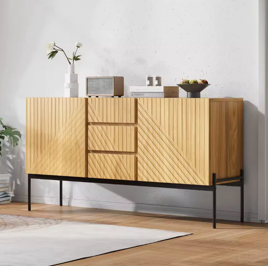 Modern Houten Sideboard – Kast met 2 Deuren, 3 Lades en Metalen Poten, 140×40×75 cm