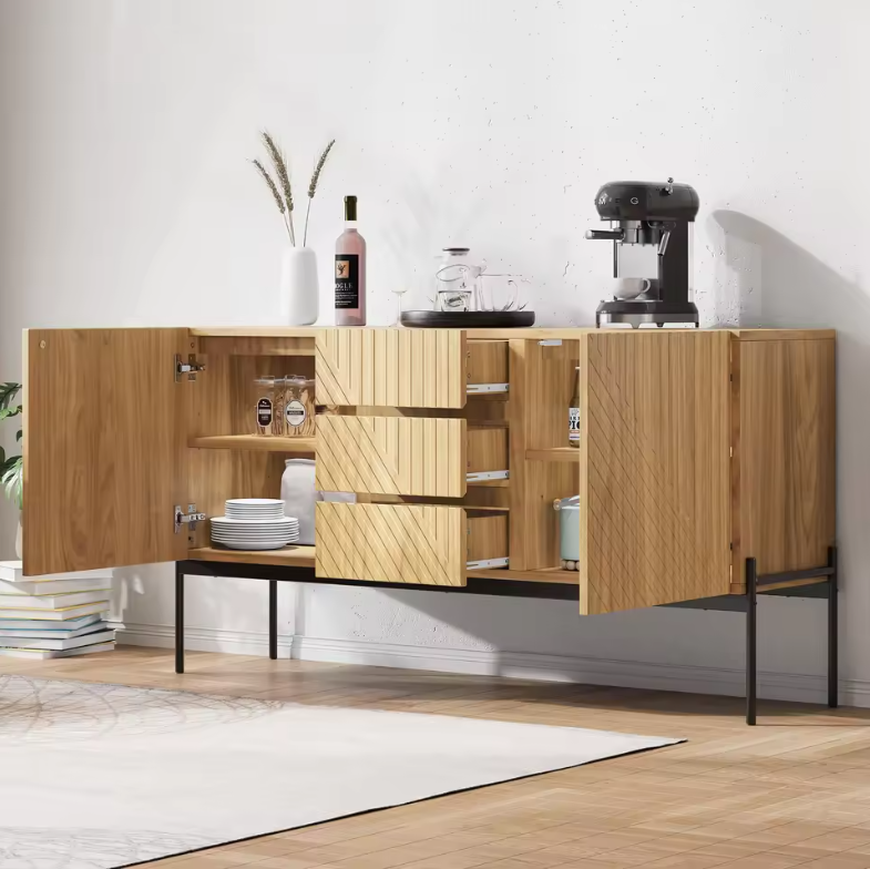 Modern Houten Sideboard – Kast met 2 Deuren, 3 Lades en Metalen Poten, 140×40×75 cm