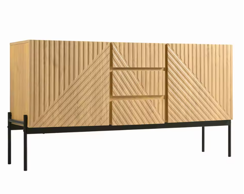 Modern Houten Sideboard – Kast met 2 Deuren, 3 Lades en Metalen Poten, 140×40×75 cm