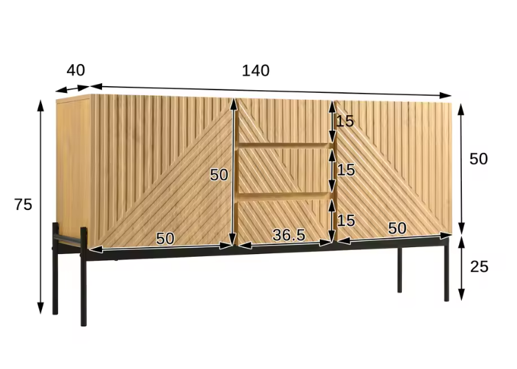 Modern Houten Sideboard – Kast met 2 Deuren, 3 Lades en Metalen Poten, 140×40×75 cm